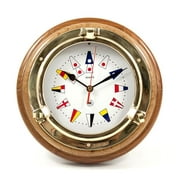 Bey-Berk International SQ517 Lacquered Brass Porthole Quartz Clock with Nautical Flags Dial Face in Oak Wood & Gold