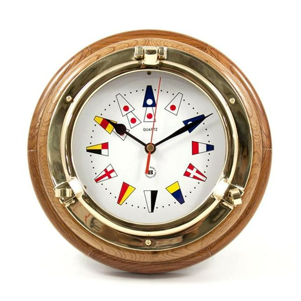 BeyBerk International SQ517 Lacquered Brass Porthole Quartz Clock with Nautical Flags Dial Face