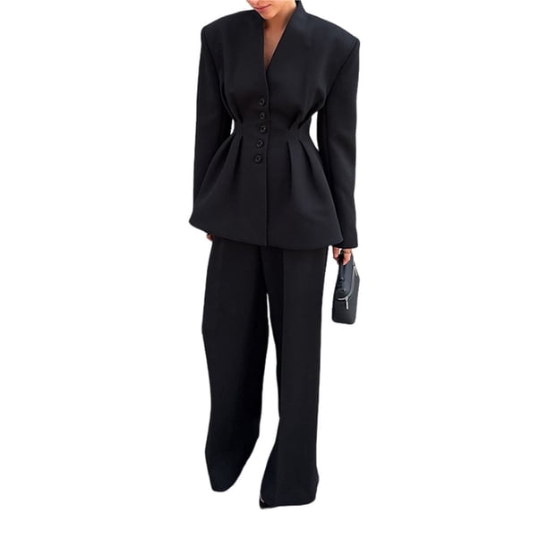 Traje de 2 Piezas con Blazer y Pantalón Abotonado para Mujer, Conjunto Informal de Blazer de Larga para Trabajo y Negocios Negro S