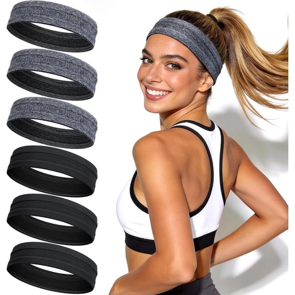 6 Pack Headbands for Women, Non Slip Workout Headbands with Grip, Wicking Athletic Headband for Running, Yoga, Gym, Hiking, Gardening & Daily Activities