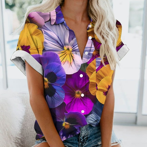 Fiudx Ofertas Del Día Blusas de Manga Corta Estampadas con Flores y Plantas Cómodas Informales Regulares para Mujer a La Moda