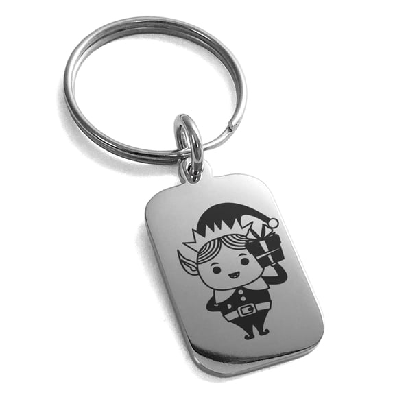 Stainless Steel Gifting Elf Engraved Small Rectangle Dog Tag Charm Keychain Keyring