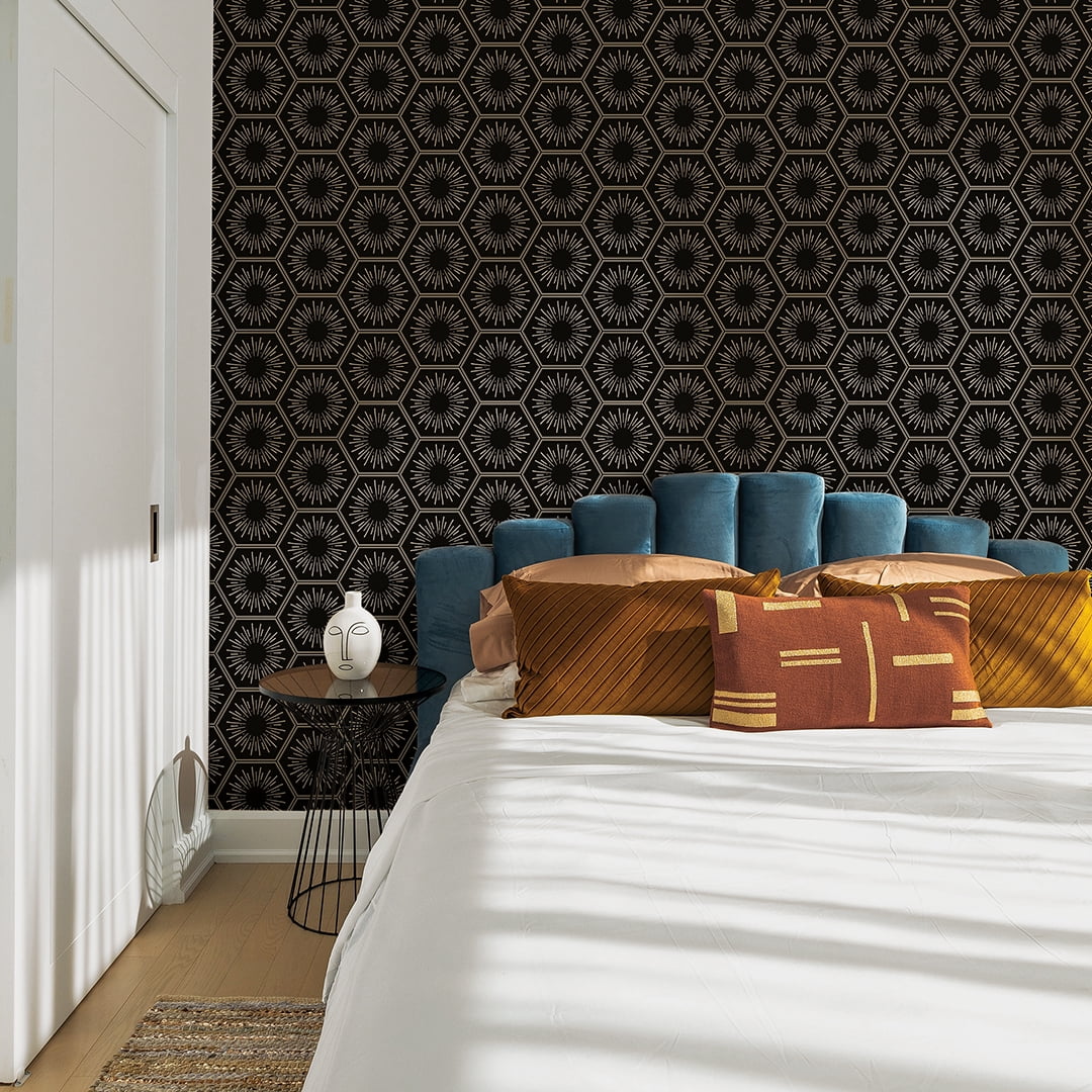 Tempaper Hello Sunshine Black & Metallic Gold Peel and Stick Wallpaper, 20.5" x 16.5'