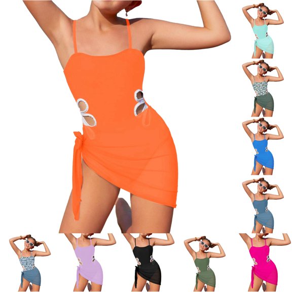 OSOLU Girls One Piece Swimsuit Adjustable Straps Hallow Out Bathing Suit With Sarong Cover Up 2 Piece Set For Kids Teens 7-16Y Stylish Beachwear
