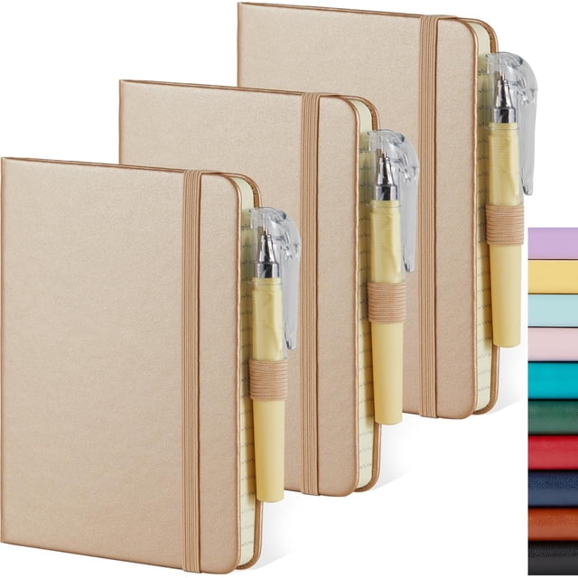 HUGFEGWE 3 Pack Small Notebook 3.7" x 5.7" with Pen, Mini Pocket Size Journal Notepad 100GSM Thick Paper No Bleed, 408 Pages, Note Pad Note Book for Work, Champagne Gold AZ824-8036