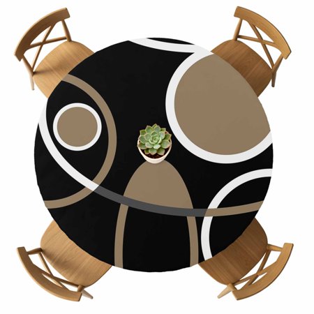 Round Fitted Tablecloth with Elastic Black Brown Circle Tablecloths Waterproof Geometri Stripe Lines Abstract Art Table Cover for Kitchen Dinner Party Picnic Fits Tables up to 36 - 44 Diameter