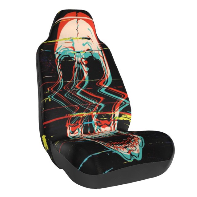 Wukai Glitch Screaming Skull Full Set Car Seat Covers with Soft Padding Universal Auto Front Seats Protector and Cushion Mat