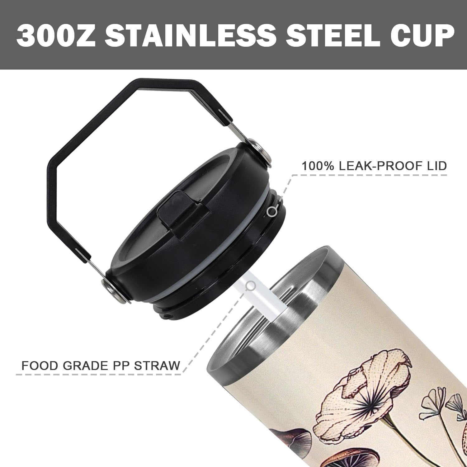 30 oz Black Bottle Spill Proof Mushroom Tumbler with Top Handle and Straw Lid Stainless Steel Double Wall Insulated Tumbler Coffee Mug Gift for Women Men Travel Cup for Car (Plant)