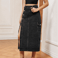 thumbnail image 5 of Women'S Casual High Waist Denim Mid Skirt Slit Button Up Jean Skirts with Pockets Black & Gray M, 5 of 7