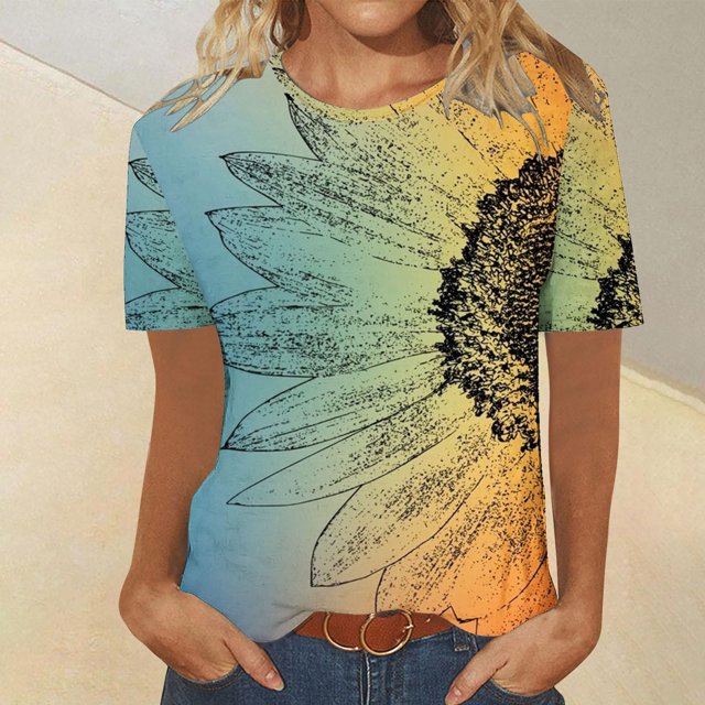 Fiudx Camisas de Mujer Camiseta de Manga Corta con Cuello Redondo y Estampado Informal para Mujer a La Moda