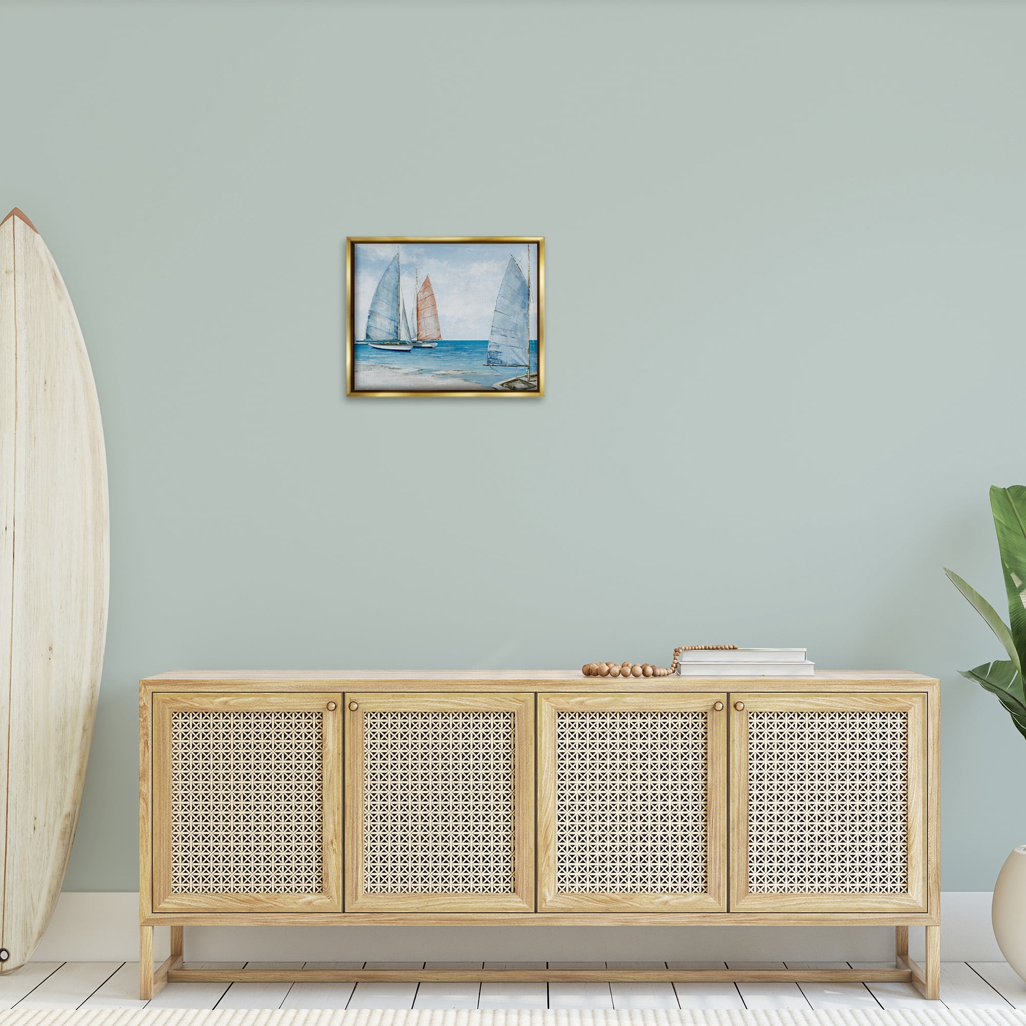 Stupell Industries Coastal Sailboat Fleet Transportation Painting Gold Floater Framed Canvas Art Print Wall Art, 21 x 17