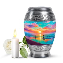 JAGASY Beach Mini Urn for Ashes Adult Male, Teal Keepsake Urns for Human Ashes for Women, Ocean Beach Sunset Orange Yellow Clouds Decorative Urns, Small Funeral Urn for Mother & Father, (3 Inch)