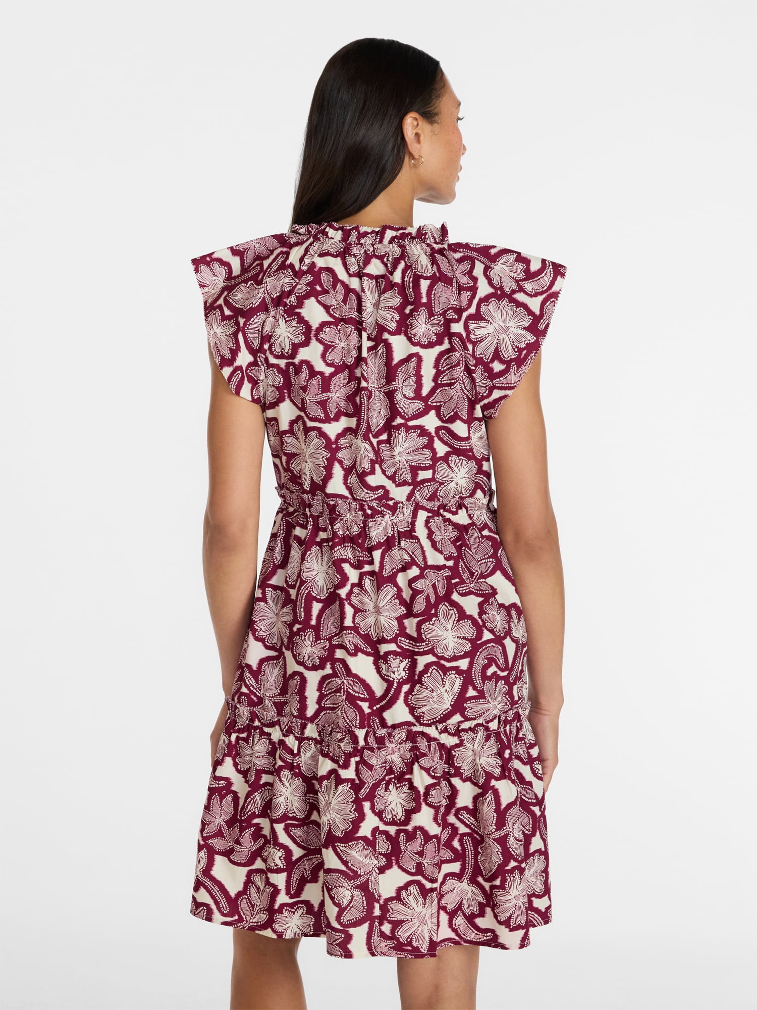 Time and Tru Women's and Women's Plus Tiered Cotton Mini Dress with Flutter Sleeves, Sizes XS-4X