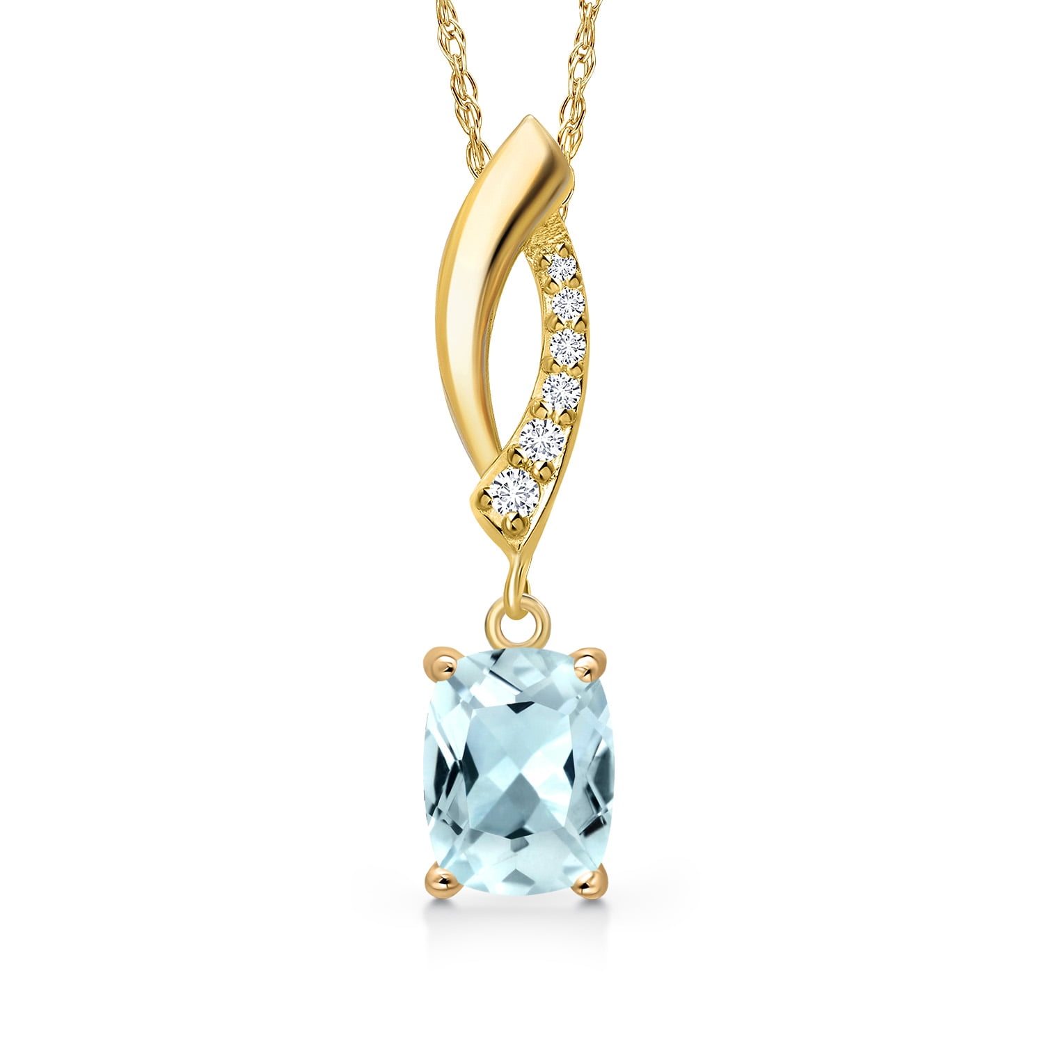 Gem Stone King 14K Yellow Gold Sky Blue Aquamarine and Lab Grown Diamond Pendant Necklace for Women | 0.76 Cttw | Gemstone March Birthstone | Cushion 7X5MM | With 18 inch Chain