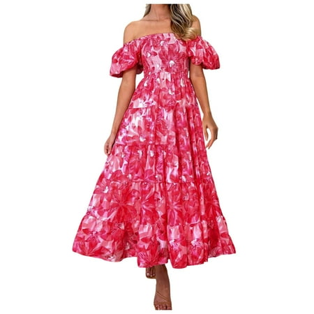 Blphud Casual Summer Dresses Summer Dresses for Women 2024 Womens Long Summer Dresses Casual Spring and Summer Square Neck Printed Puff Sleeve Dress Women s 2024 Women Dress Pink XL