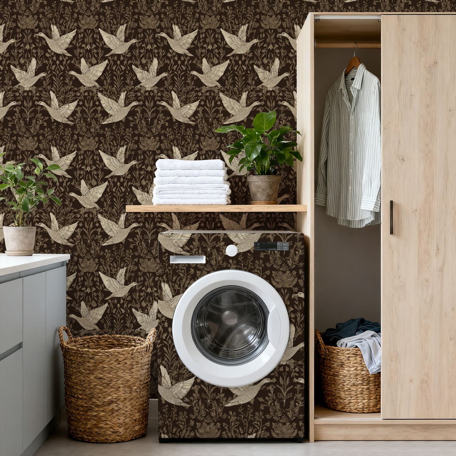 Hunt Peel and Stick Wallpaper 17.7in x 9.8ft Vintage Floral Birds Neutral Tones Contact Paper Vinyl Waterproof Self Adhesive Wall Paper for Bedroom Shelf Cabinet Renter Friendly