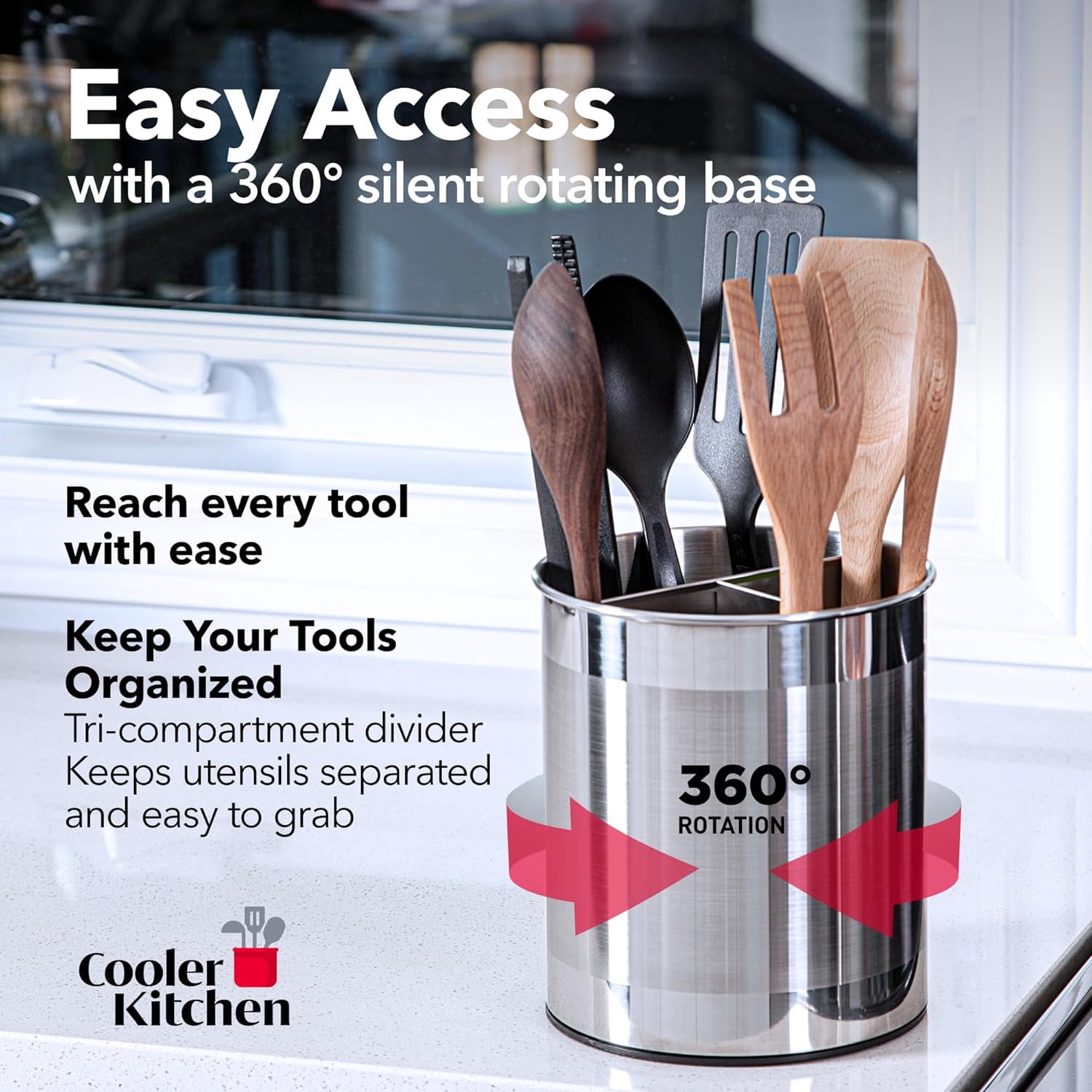 Extra Large Rotating Stainless Steel Utensil Holder with Weighted Base, Removable Divider and Non-Slip Insert