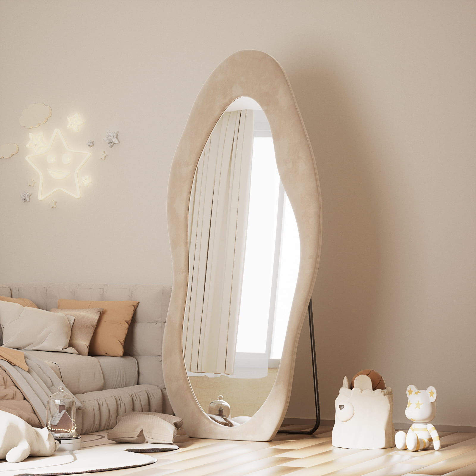 Anyrose 63"x24" Full Length Mirror Irregular Cloud Floor Mirror With Flannel Frame, White