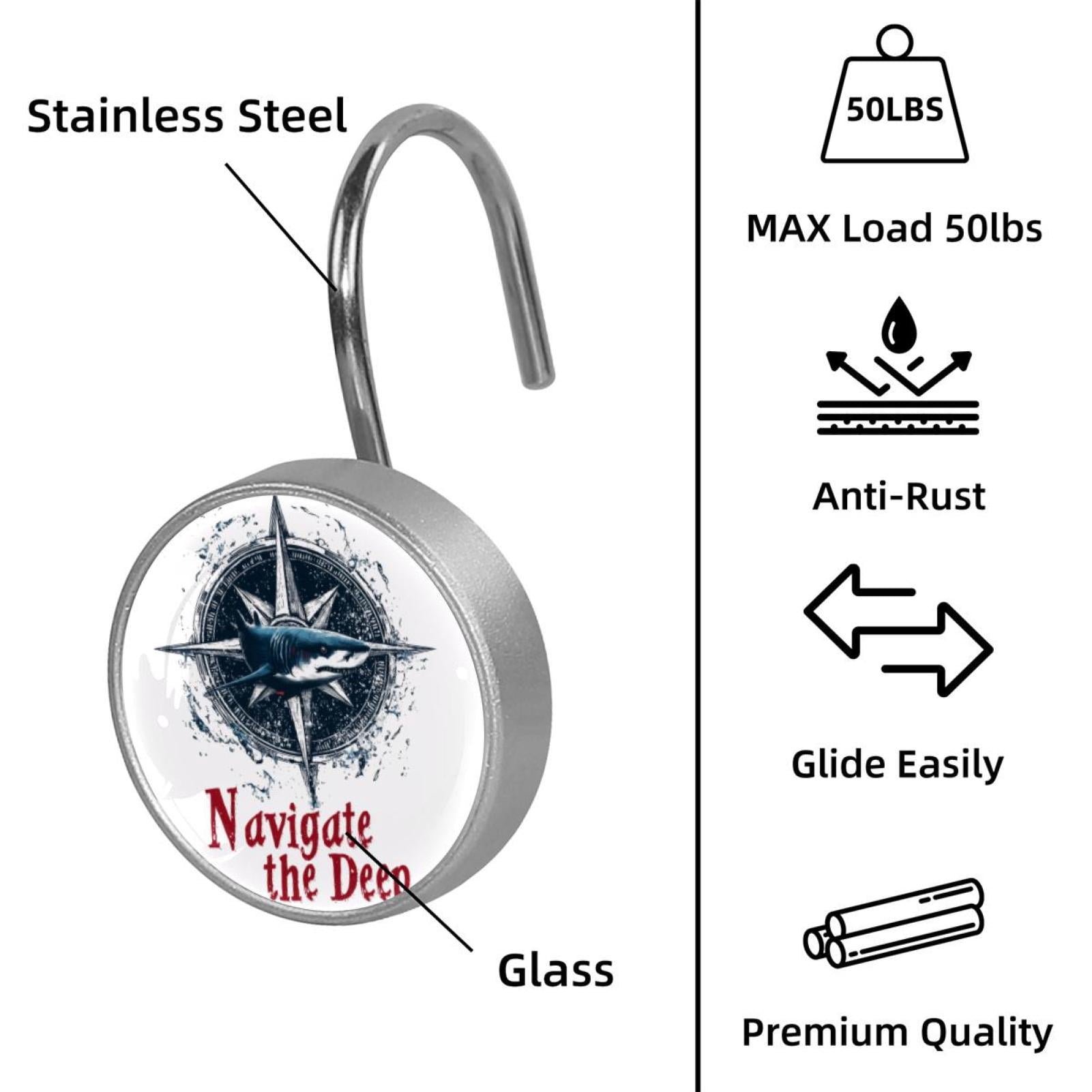 12pcs Decorative Shower Curtain Hooks, Rust Resistant Shower Rings for Bathroom Living Room,Rustproof Stainless Steel Rings for Shower Curtain and Liner Rods,Navigate Shark