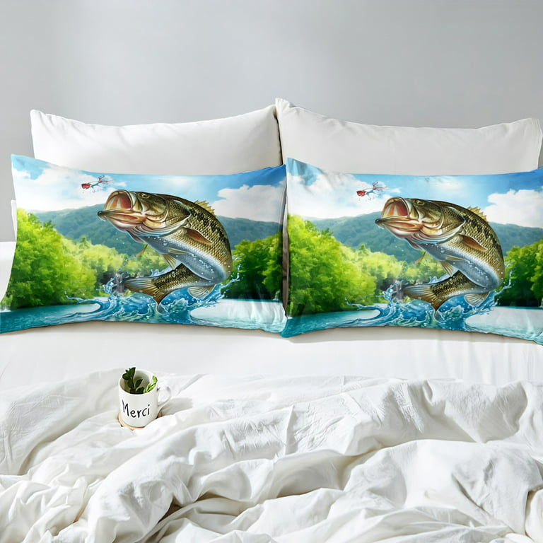 YST Kids Big Bass Fish Bedding Set Teen Boys Fishing Comforter Cover Rustic  Farmhouse Woodland Duvet Cover Queen,Eat Small Fish Quilt Cover Cabin Lodge  Decor With Zipper 2 Pillow Cases 