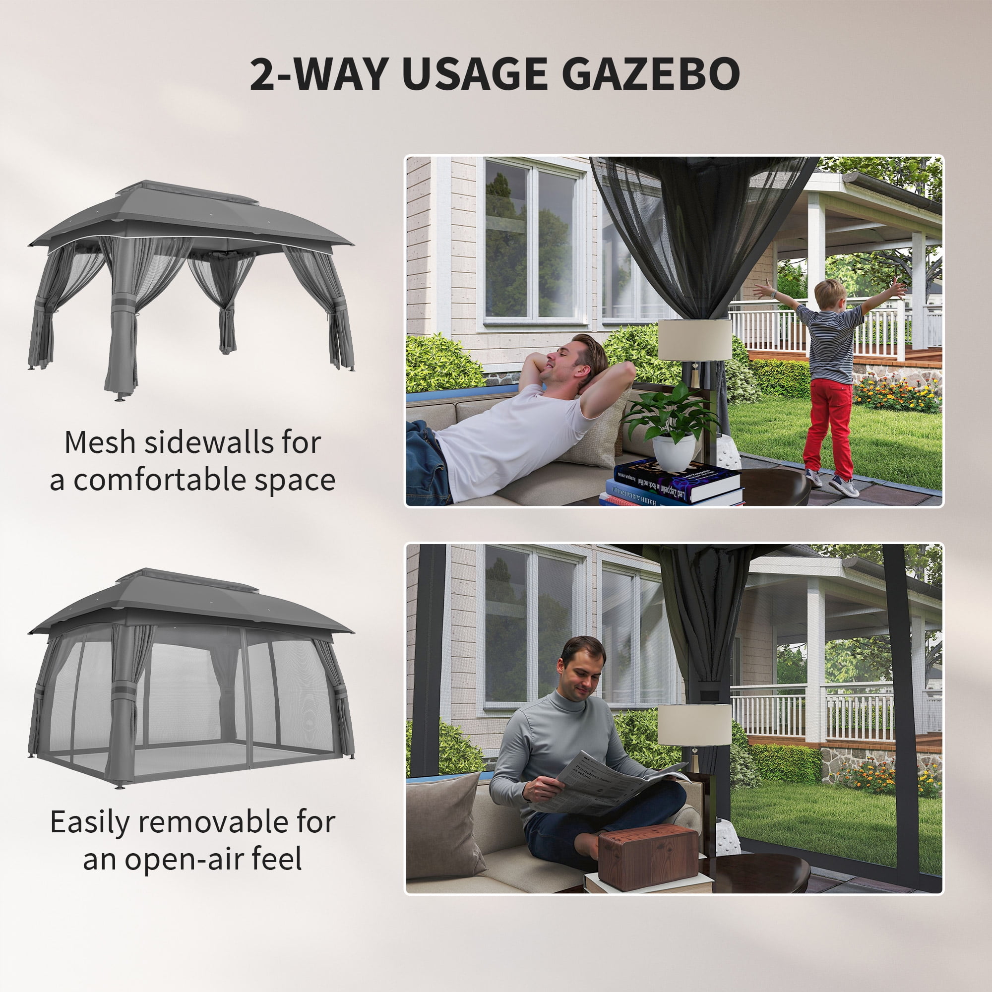 Outsunny 10' x 13' Patio Gazebo with Netting & Curtains, Dark Gray