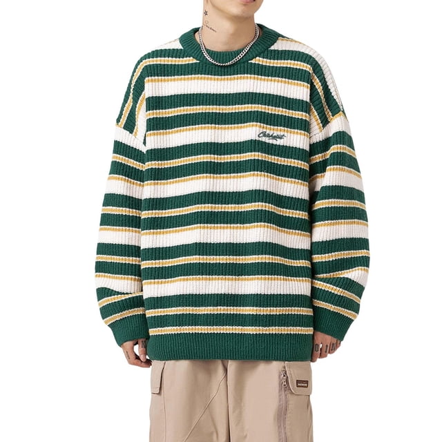 MIASHUI Tricot Épais à Rayures Color Block pour Hommes Style Japonais Vintage Col Rond Cardigan à Manches Longues Vert,TTG