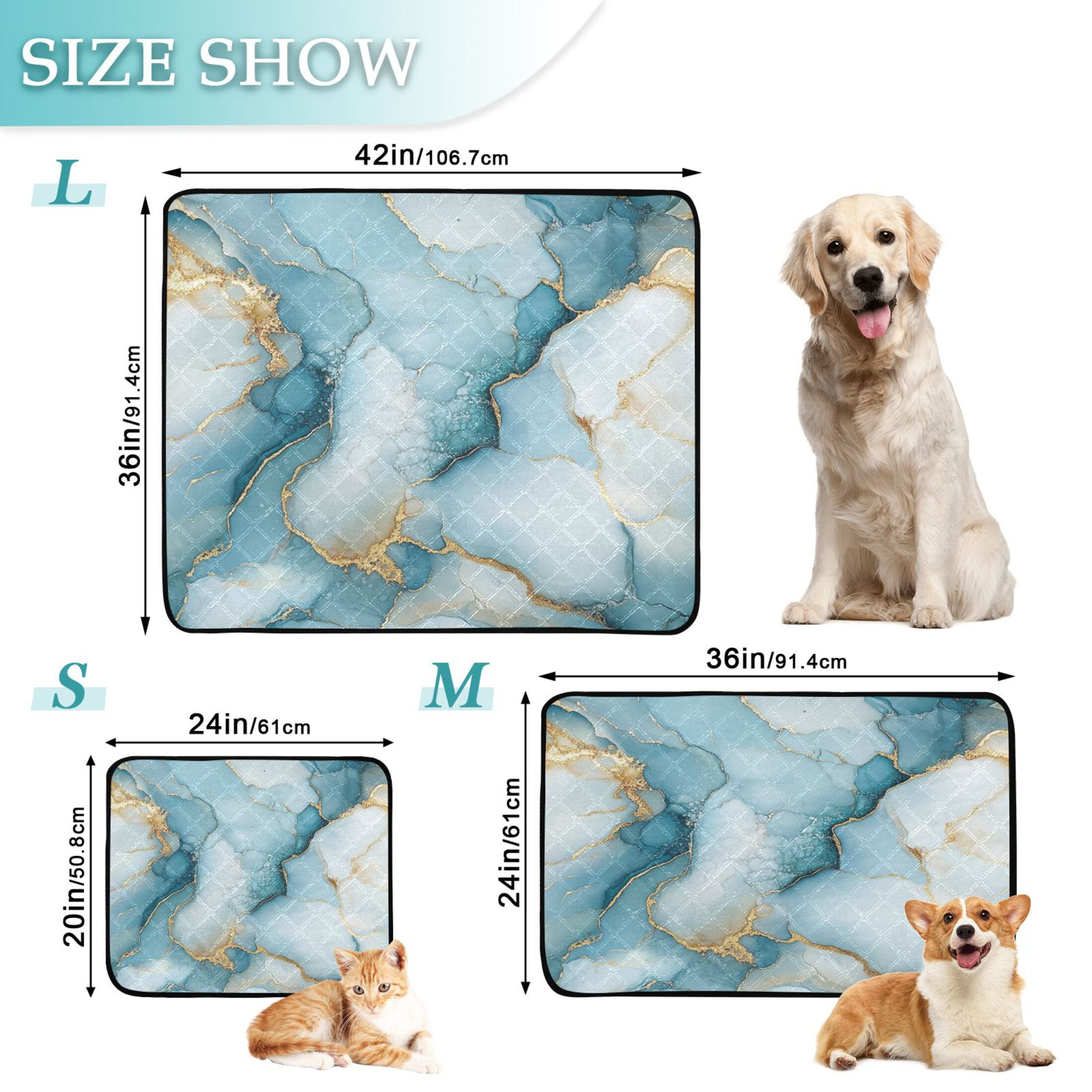 Qxltty Cyan Gilt Marble Cat litter Pads Pet Set of 2 Diaper Mats Center Anti-leakage Layer Absorbent Soft and Comfortable