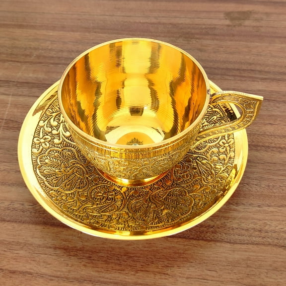 Indian Art Villa Brass Embossed Cup & Saucer, 5.1 oz Capacity