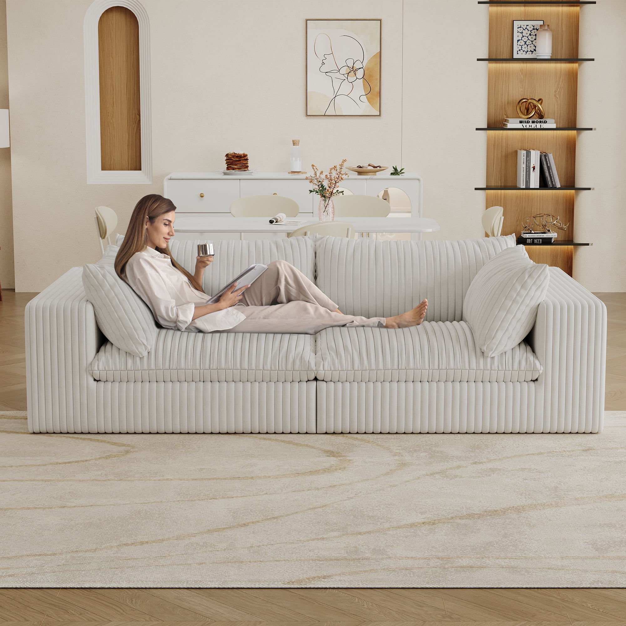 MAYEERTY 78.8" Cloud Sofa White Corduroy Deep Seat Double-Layer Removable Cushion No Assembly Multi-Rooms