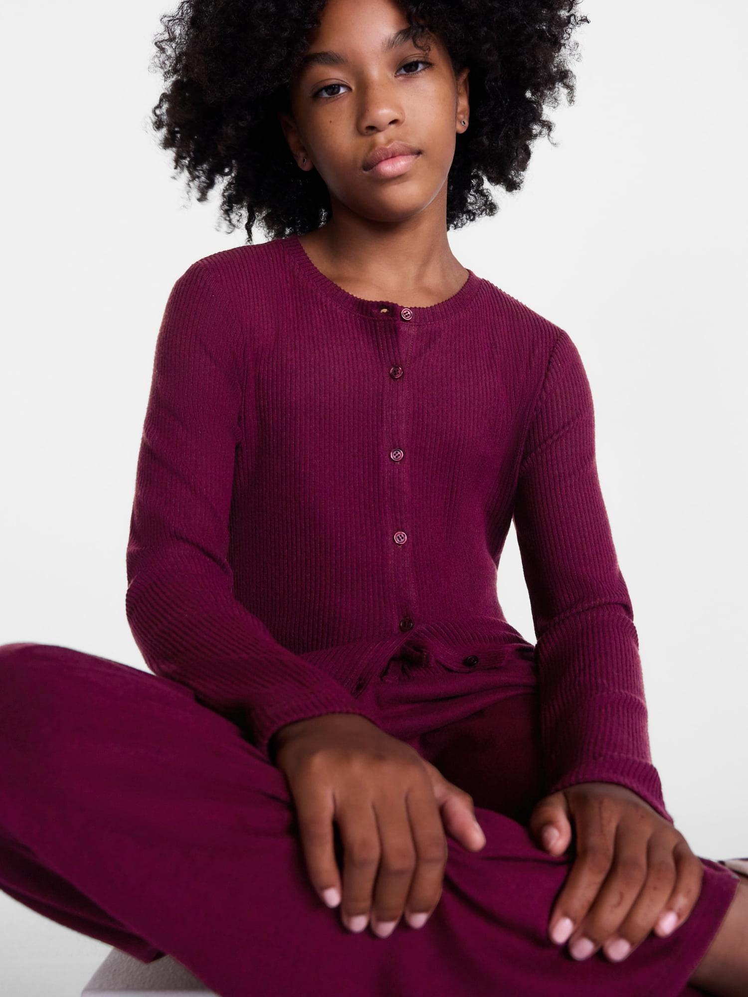 Weekend Academy Girls Ribbed Button Front Top with Long Sleeves, Sizes 4-18