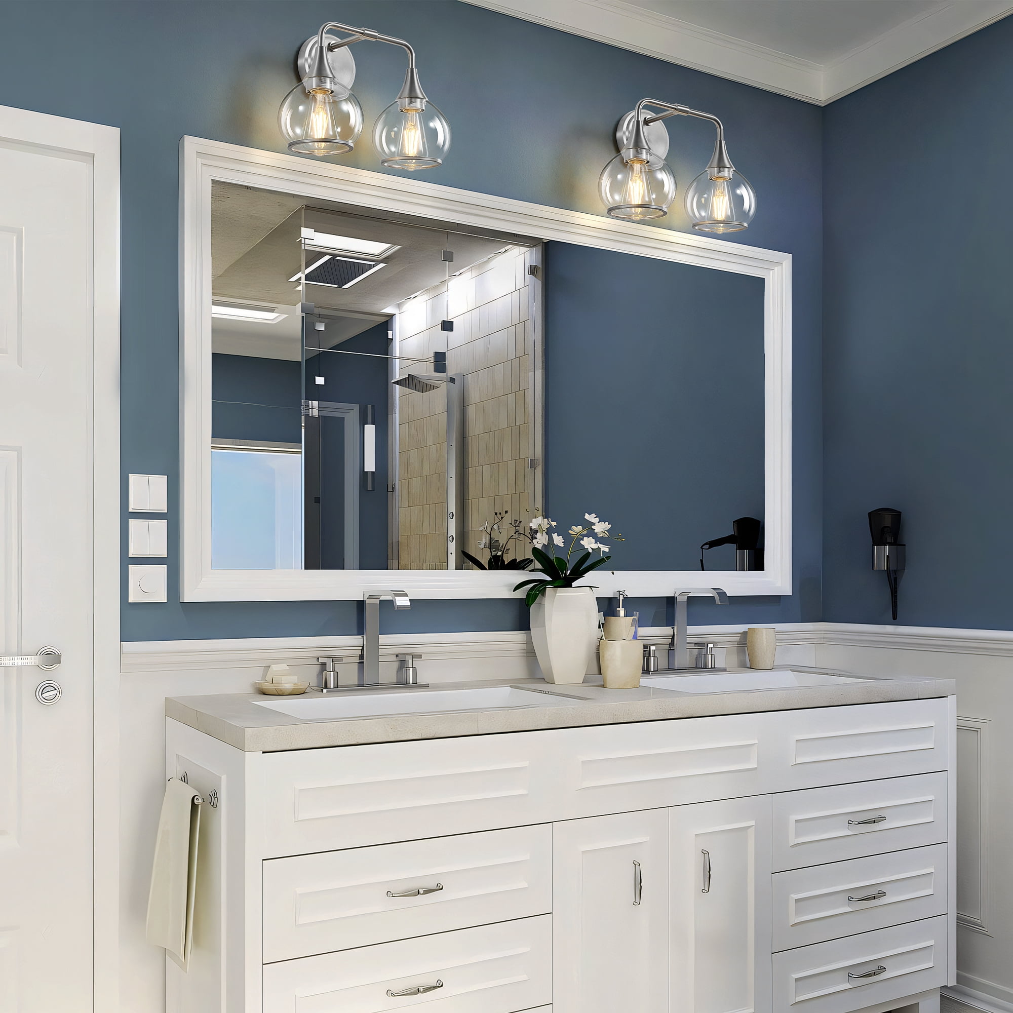 Brushed Nickel Bathroom Wall Sconce 2 Lights Bathroom Light Fixtures Over Mirror with Clear Glass Shade Vanity Light  Lighting