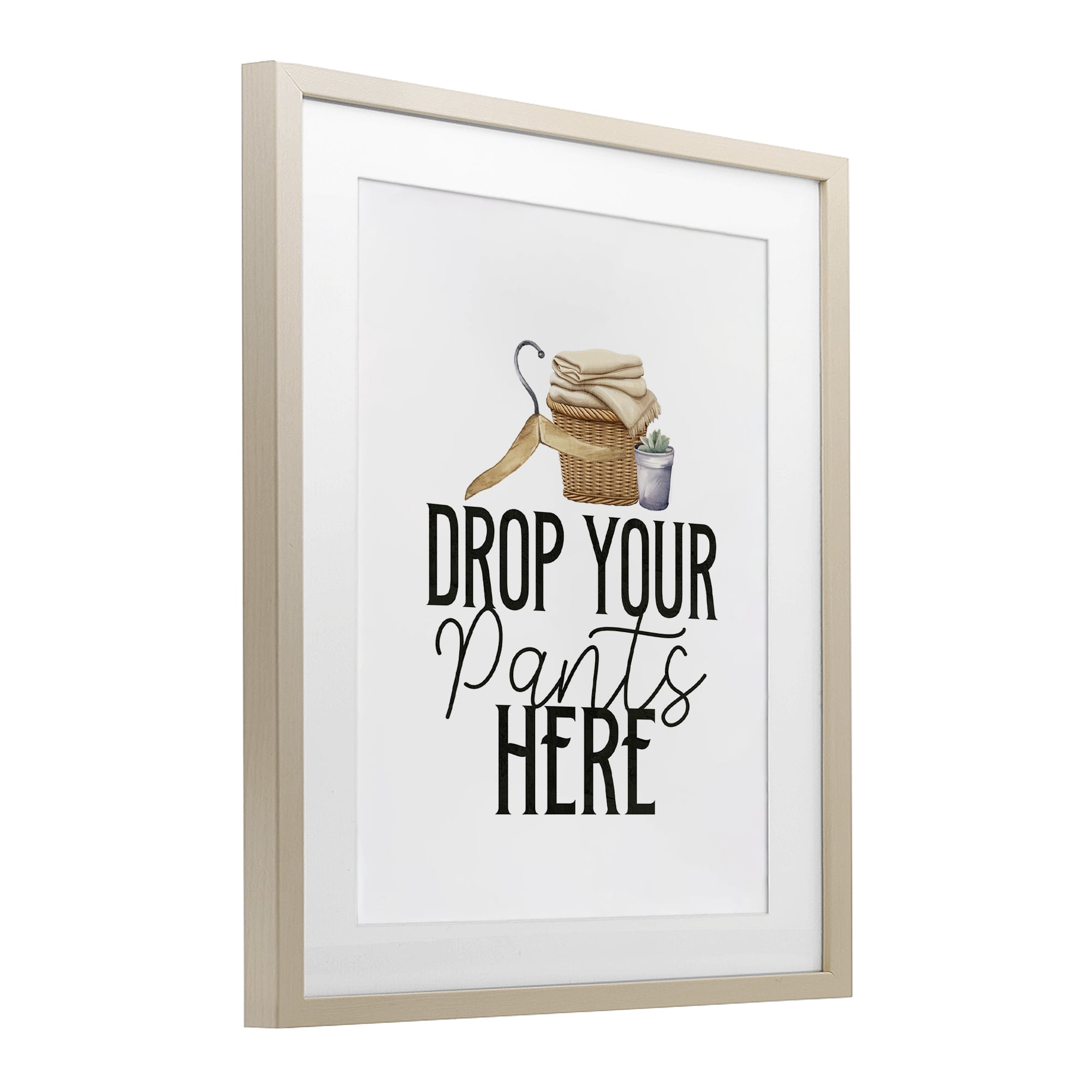 Drop Your Pants Here Minimal Birch Framed Print Under Glass, design by Kim Allen