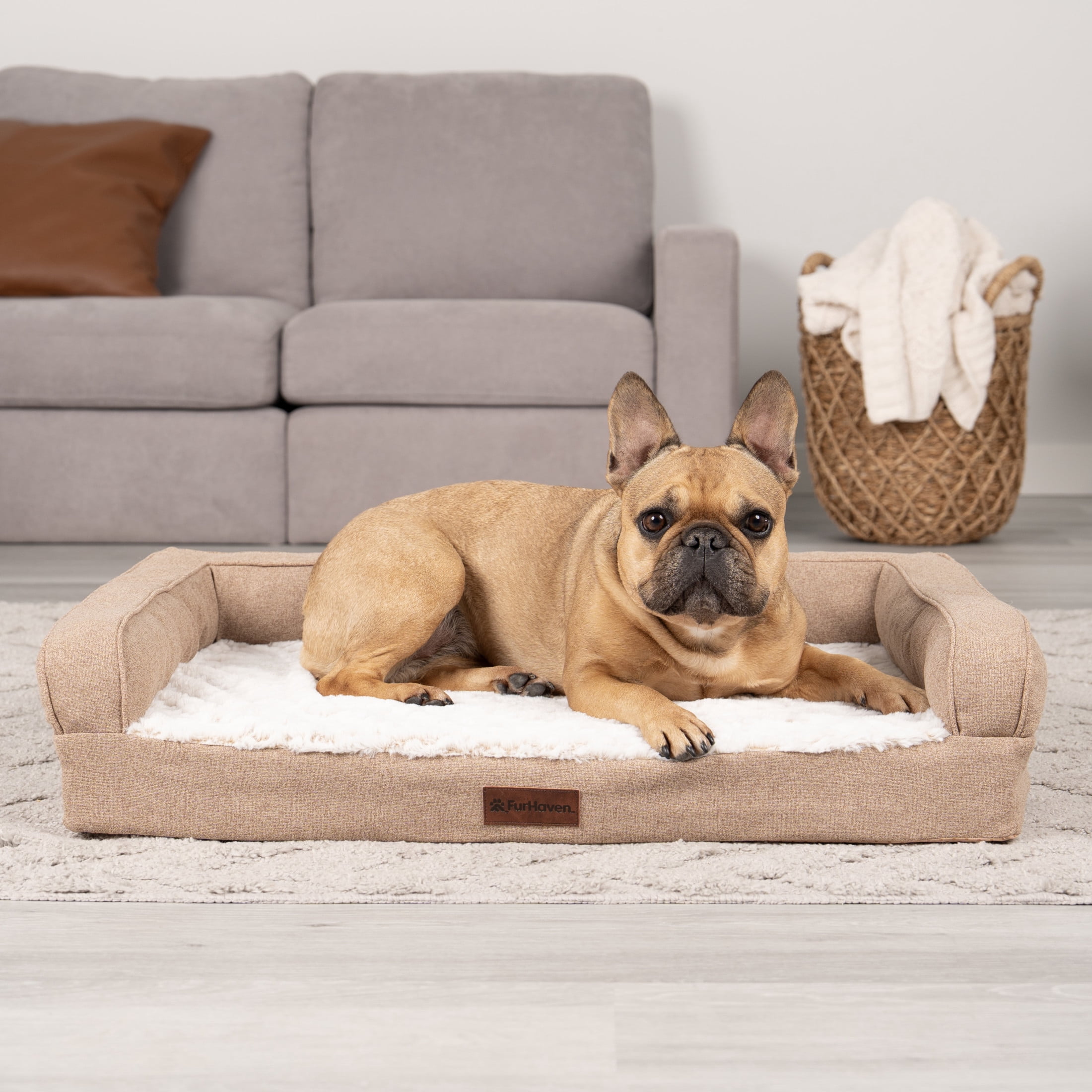 FurHaven Birch Faux Fur & Soft Faux Linen Modern Orthopedic Sofa Pet Bed, Nutmeg, Medium