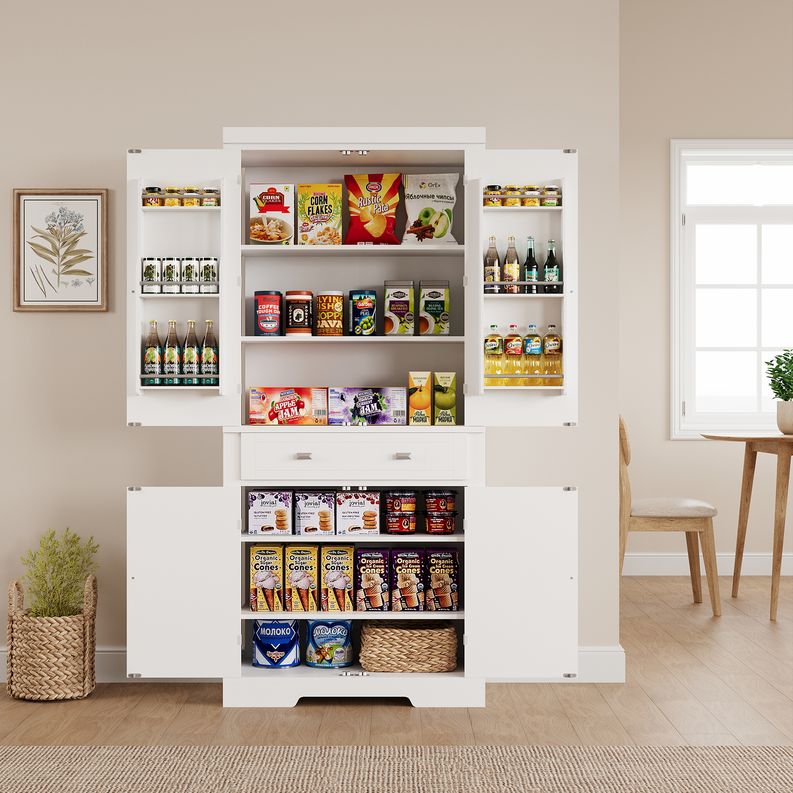 72 in Kitchen Pantry Storage Cabinet, Freestanding Food Pantry Cabinet with Drawer, Modern Wood Cupboard with 6 Door Shelves and 4 Adjustable Shelves for Ding Room, White