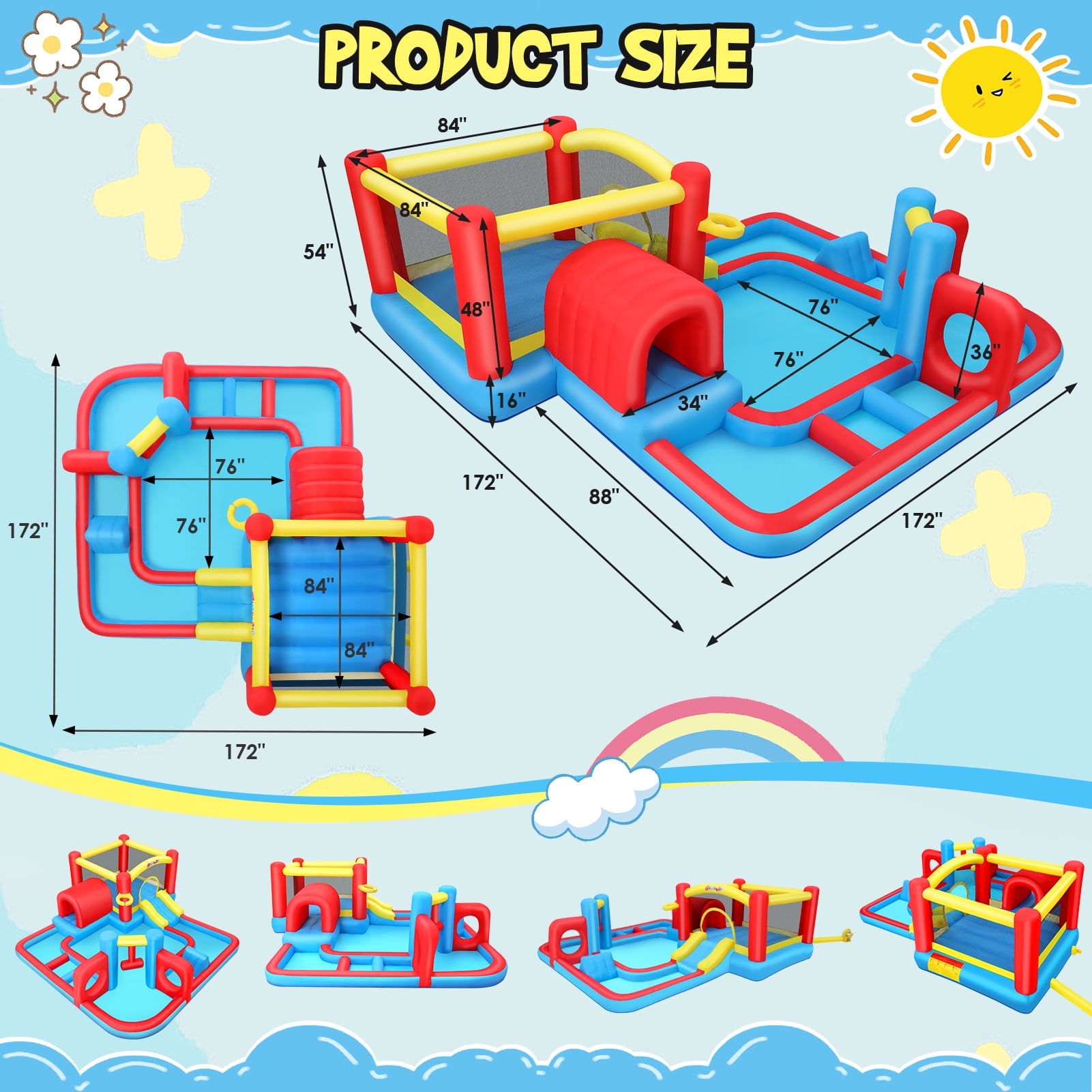 Inflatable Water Slide, Kids Bounce House Castle Splash Pool for 3-8, Backyard Bouncy Castle with 520W Blower,Basketball Hoop,Jumping Area, Obstacle and Tunnel