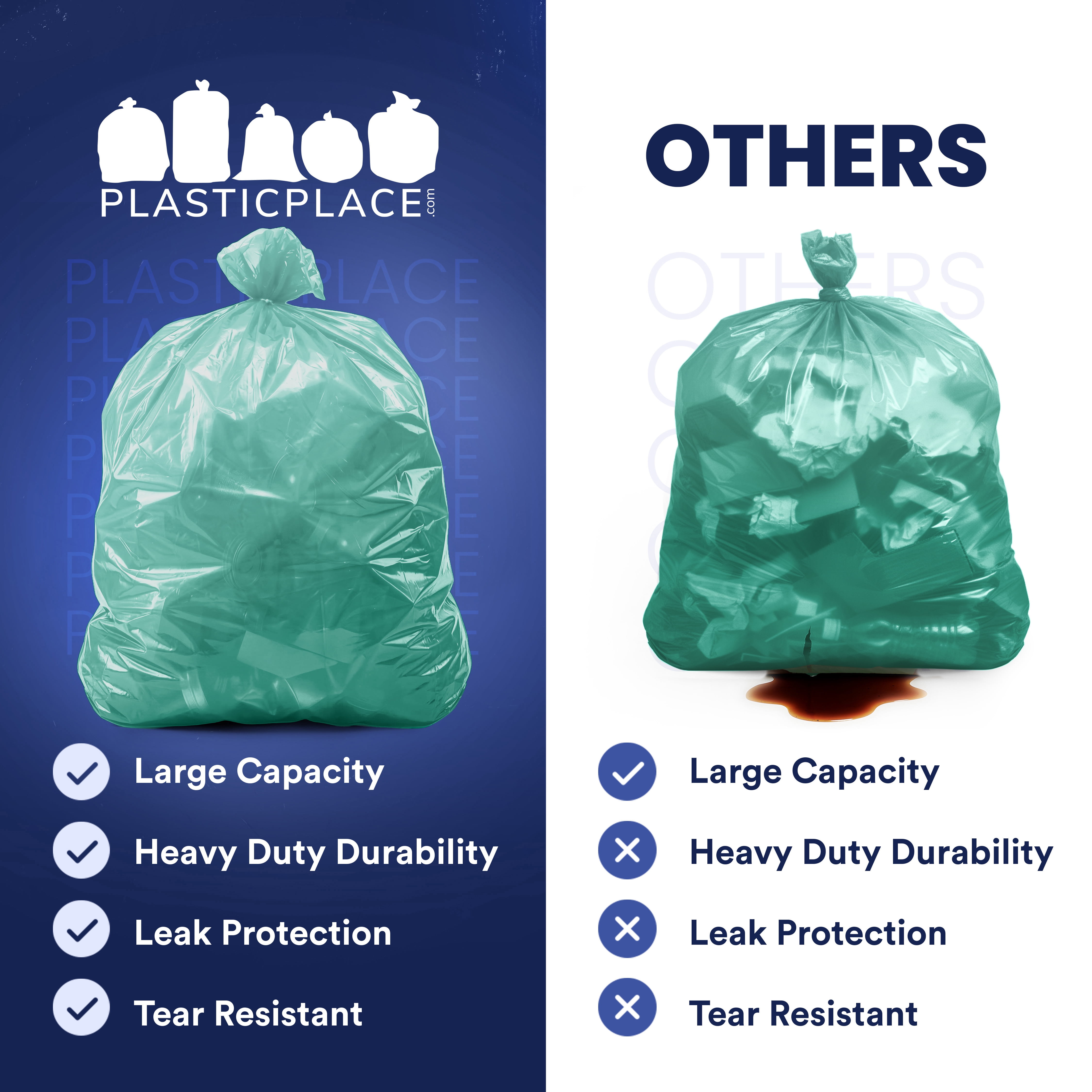 Plasticplace 55-60 Gallon Trash Bags │ 1.2 Mil │ Green Heavy Duty Garbage Can Liners │ 38” x 58” (50 Count)