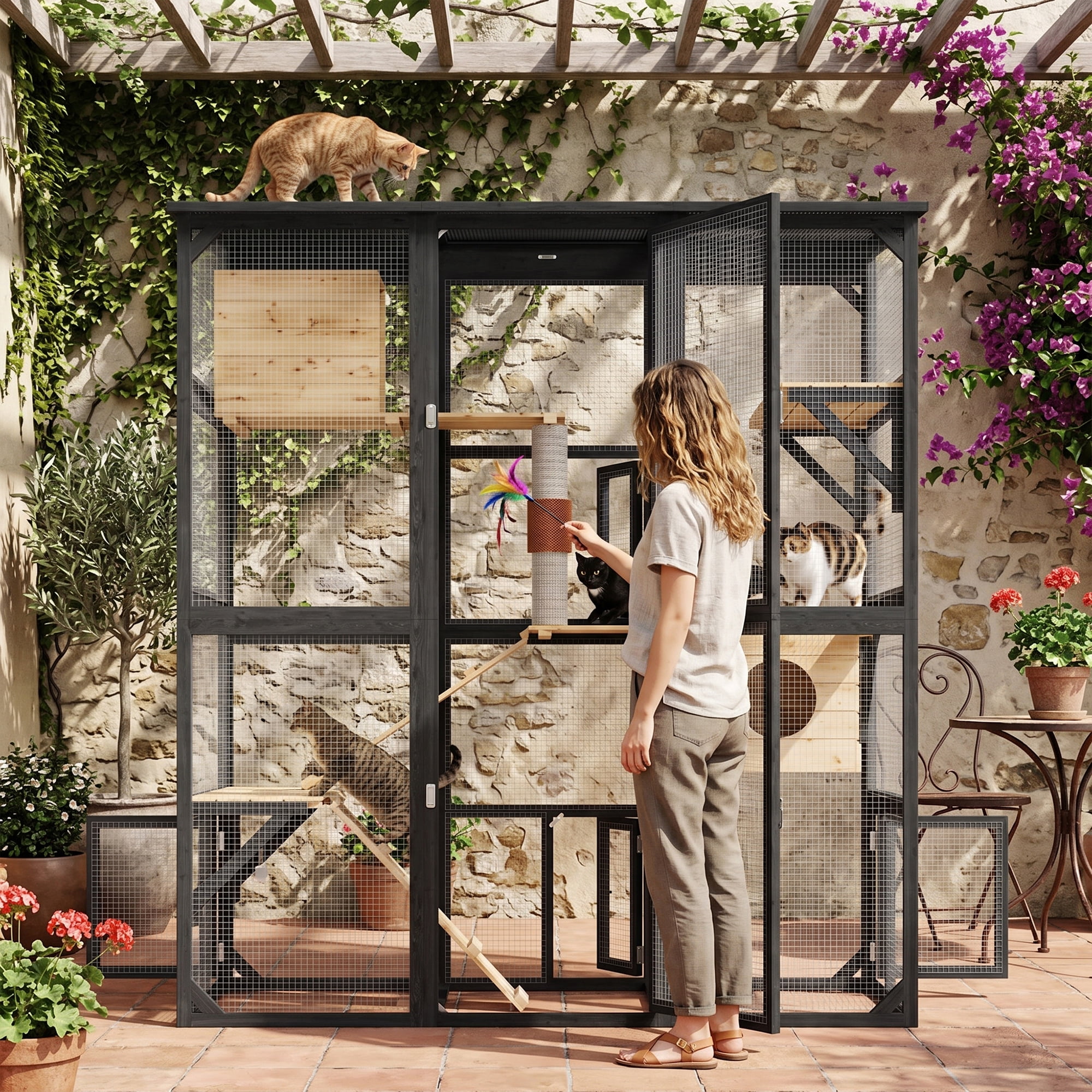 ANPOO 63''Luxury Walk-In Outdoor Catio, Large Wooden Cat Enclosure with Sloped Weatherproof Roof, Multi-Level Cat House with Cat Condo, Sisal Post & Ramps, Escape-Proof Cat Cage for Multiple Cats