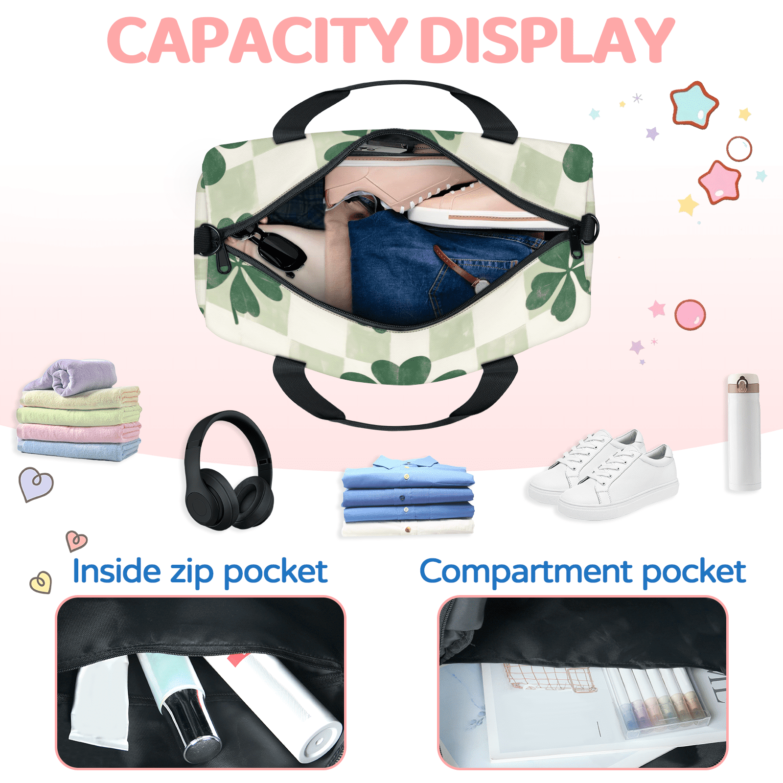 Herdesigns St. Patrick's Day Leaf Clovers Gym Bag for Women, Duffle Bag for Travel Sport, Lightweight Waterproof Carry on Weekender Overnight Dance Yoga Workout Bags