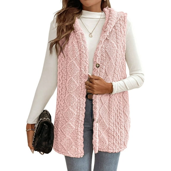 Fall Winter Women'S Double-Sided Fleece Casual Hooded Cardigan Vest Casual Oversized Warm Button Fleece Vest Pink L