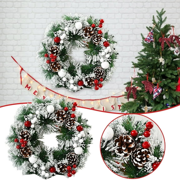LHWEN Handmade Christmas Berry Wreath 32cm Rustic Flocked Floral Front Door Decoration with Mixed Decorations for Indoor Outdoor Holiday Decor