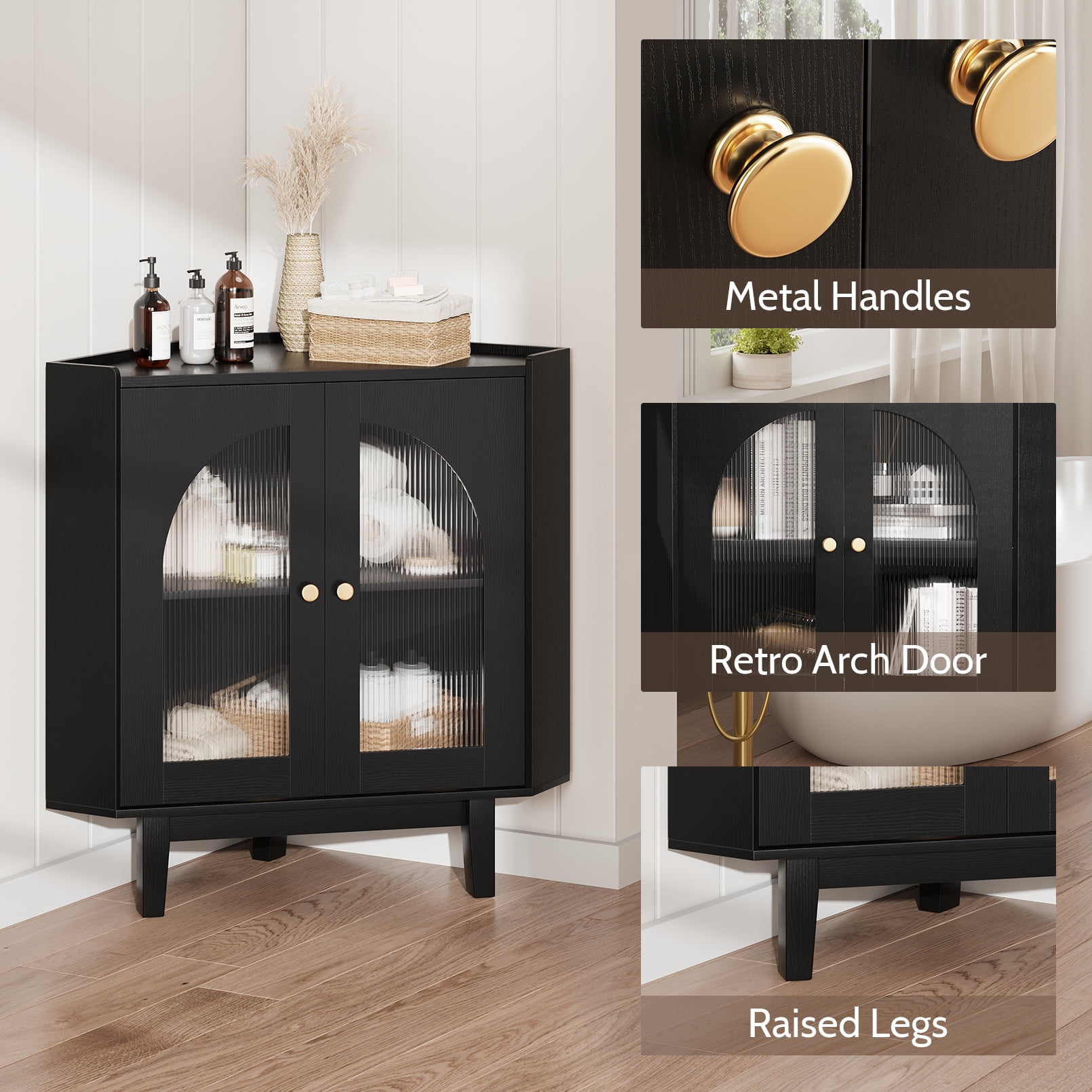 Vividwood Floor Corner Cabinet with Doors and Shelves, Fluted Storage Cabinet Freestanding Corner Cabinet for Bathroom, Kitchen, Living Room, Black
