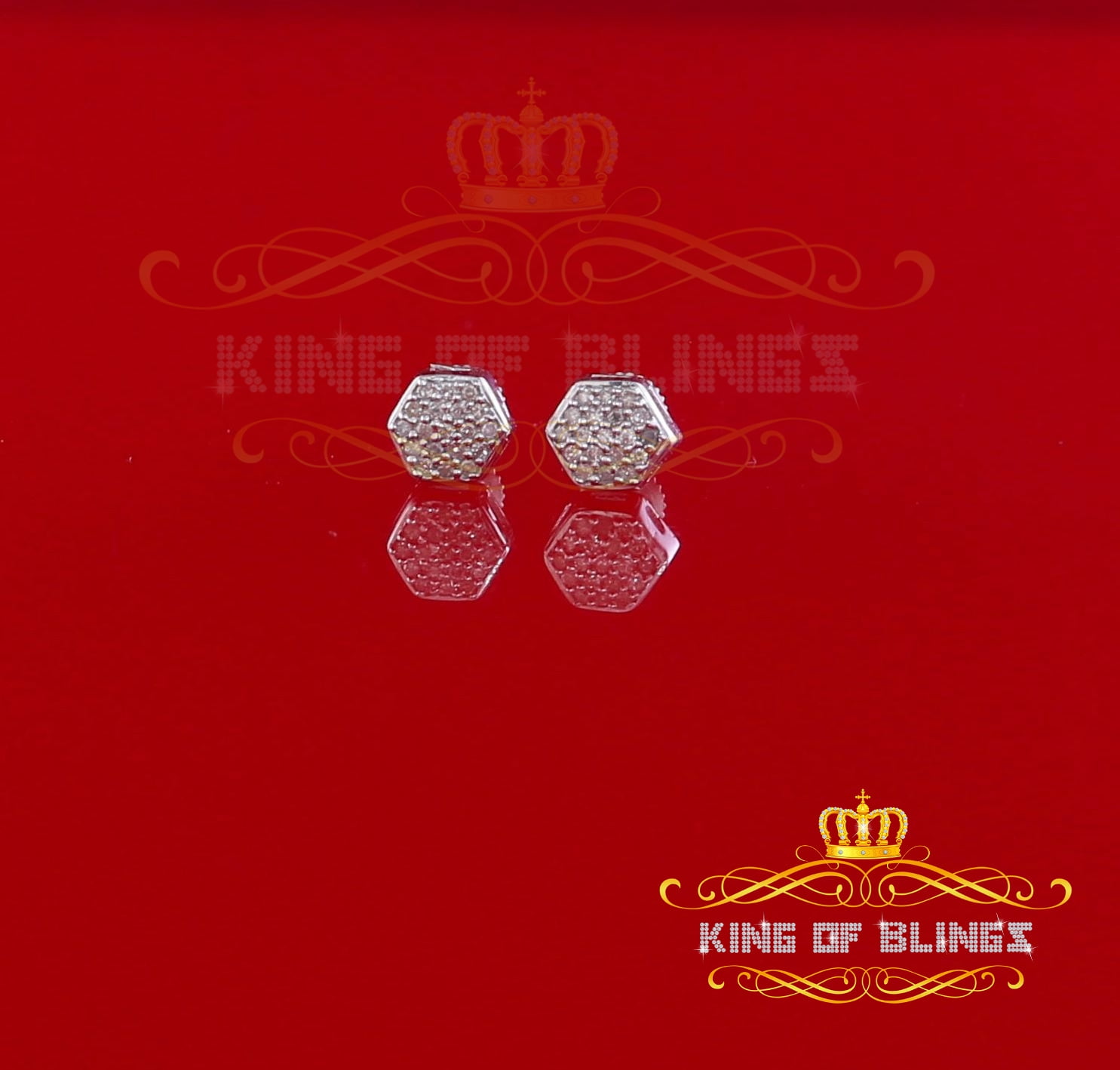 King of Bling's 0.15ct Diamond Stud Hexagon Earrings White 925 Sterling Silver For Men/ Women