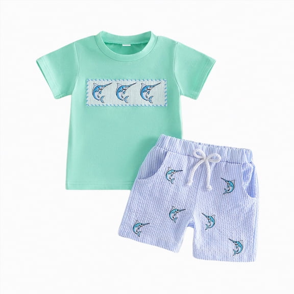 kpoplk Newborn Baby Boy & Toddler Boys Matching 2Pcs Clothes Set Cartoon Print Short Sleeve T-Shirts and Shorts Summer Gift(Blue,2-3 Y)