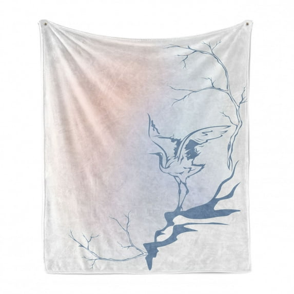 East Soft Flannel Fleece Throw Blanket, Winter Landscape with Crane on Tree Branch Bird Nature Themed Monochrome Art Print, Cozy Plush for Indoor and Outdoor Use, 50" x 70", Blue Pink, by Ambesonne