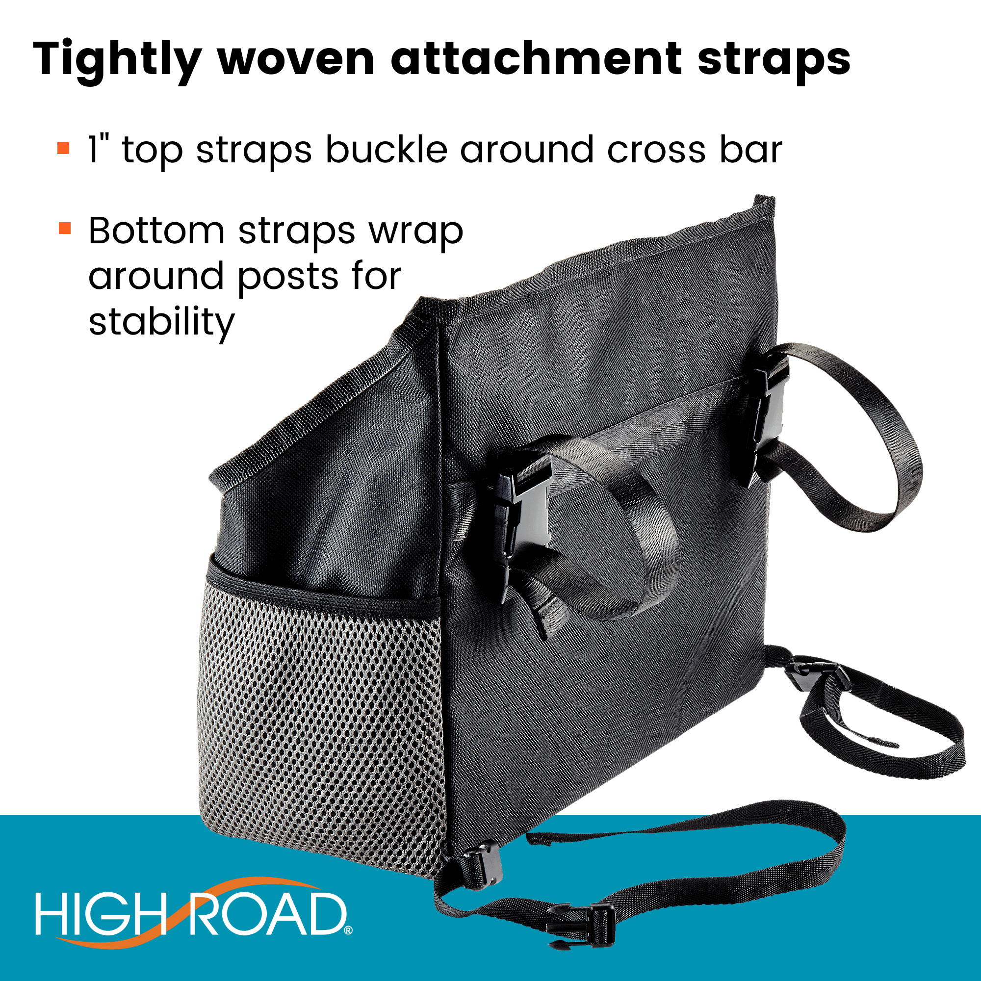 High Road Walker Bag with Clear Front Storage and Photo Pocket - Walker Basket for Folding Walker With Insulating Neoprene Cup Holder, 4 Storage Pockets and 5 Decorative Picture Inserts