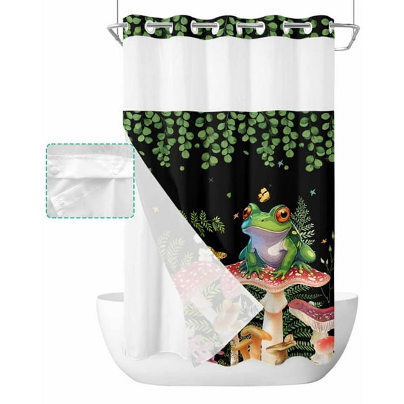 No Hook Shower Curtain with Snap in Liner, Summer Green Frog with Plants Black Texture Hotel Shower Curtains for Bathroom, Washable Shower Curtain Liner Set with Mesh Top Window, 54"x78"