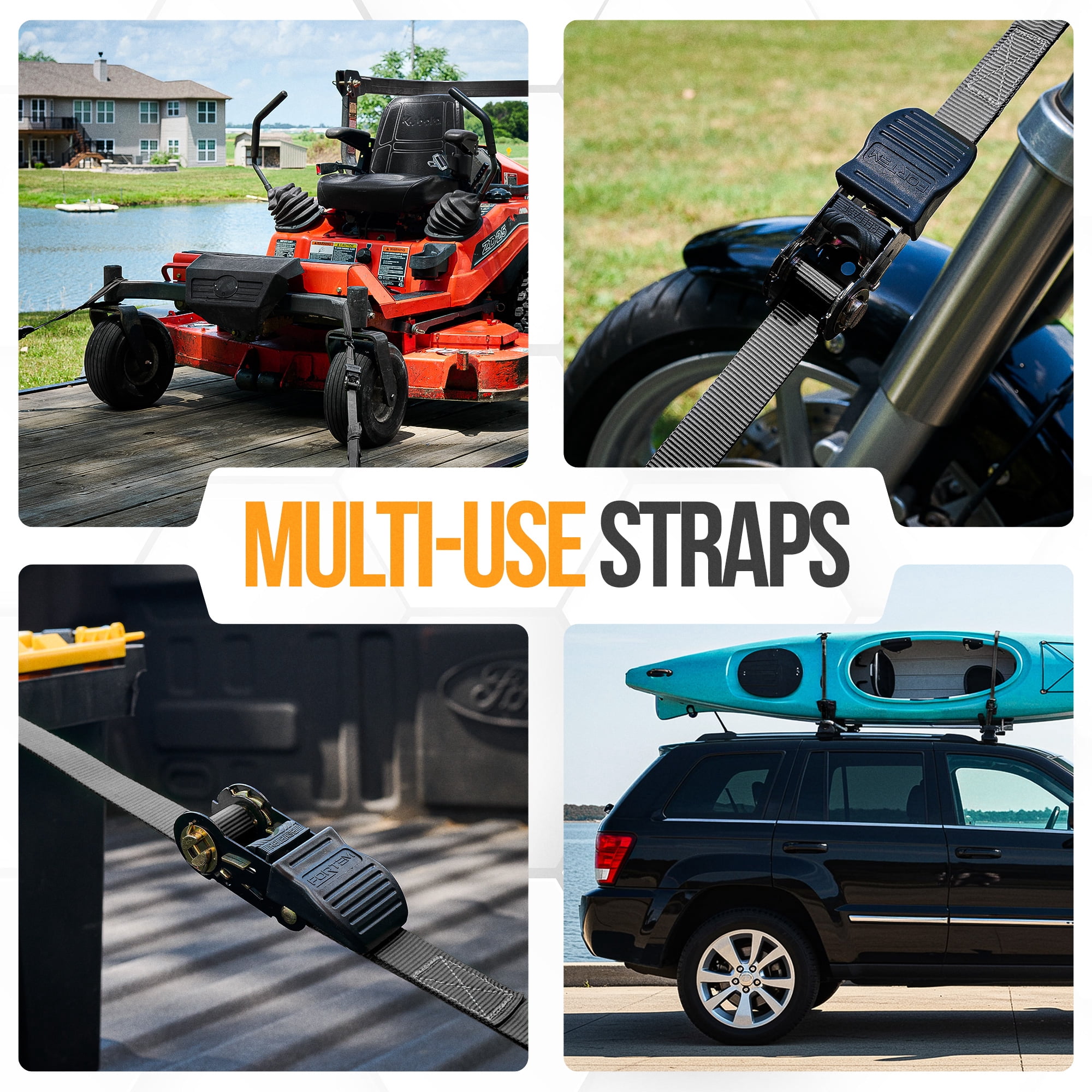 FORTEM Ratchet Straps, 1650lb Break Strength, 4 Pack 15ft x 1in Tie Down Strap Set, 4 Soft Loops, Motorcycle Straps Tie Downs, Cargo Cam Buckles for Trucks, Rubber Handles, Carry Bag