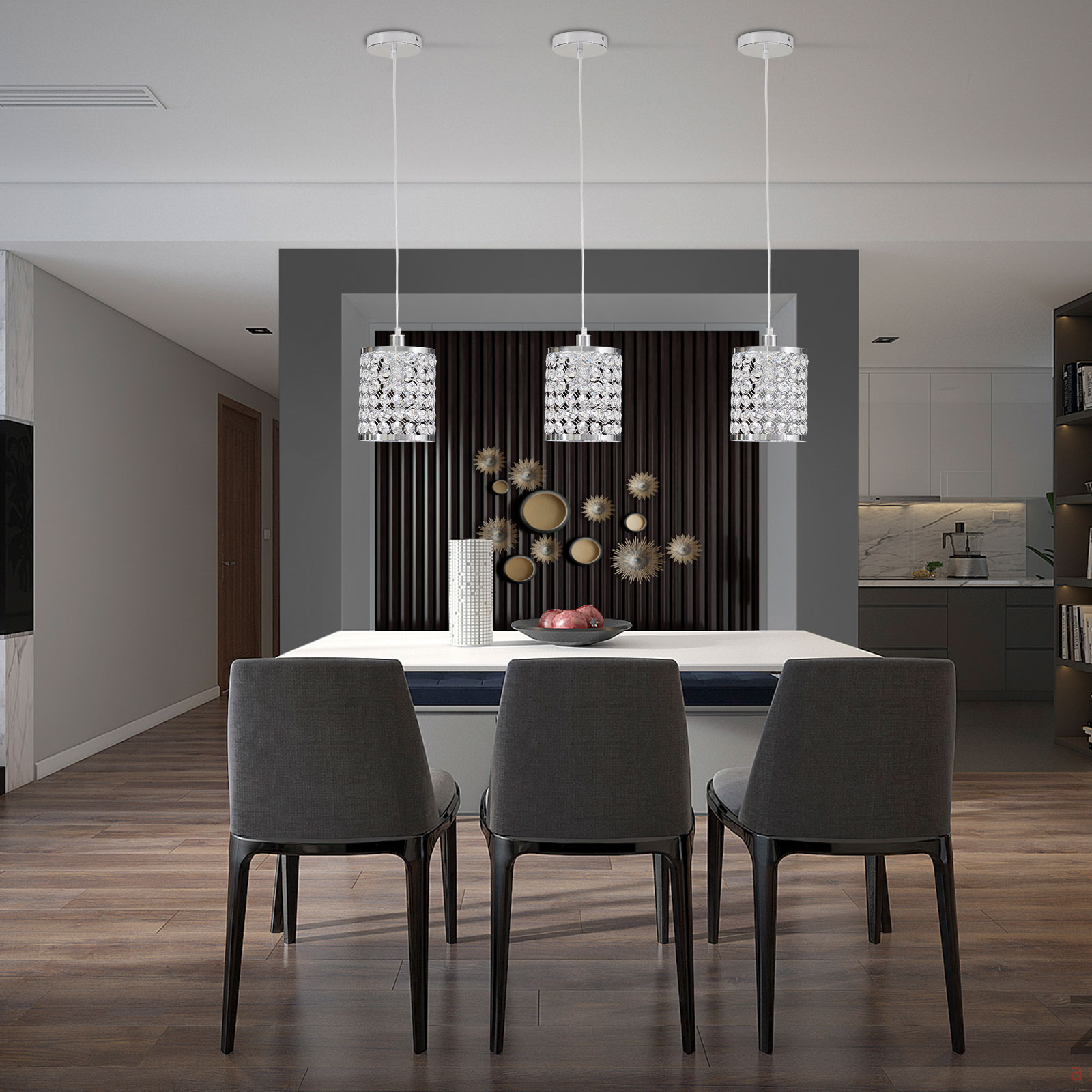 3pc Modern LED Crystal Ceiling Light Dining Room Pendant Lamp Lighting Chandelier for Kitchen, Restaurant, Living Room, Office (E12)