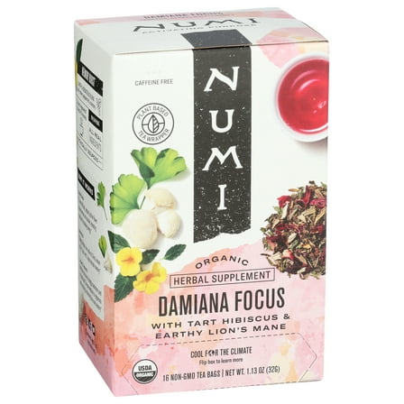 Pack of 6, Numi Teas Organic Damiana Focus Herbal Tea - 16 Tea Bags, 1.13 oz