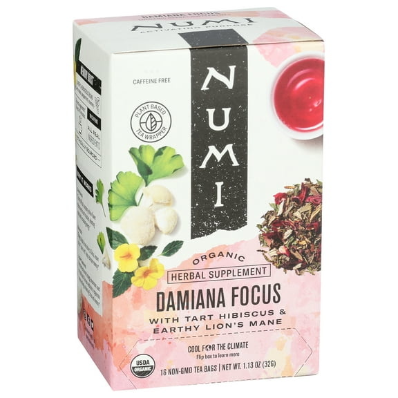 Pack of 6, Numi Teas Organic Damiana Focus Herbal Tea - 16 Tea Bags, 1.13 oz